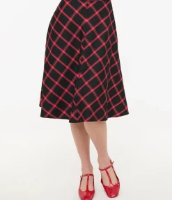 Unique Vintage Skirts|All Things Red>Hell Bunny 1950s Red & Black Tartan Janine Swing Skirt