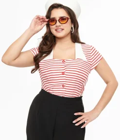 Unique Vintage Blouses|All Things Red>Hell Bunny 1940s Red & White Stripe Ahoy Blouse