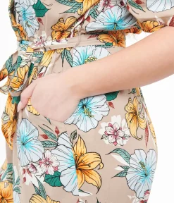Unique Vintage Rompers & Jumpsuits>Hell Bunny 1970s Tan & Tropical Floral Print Jumpsuit