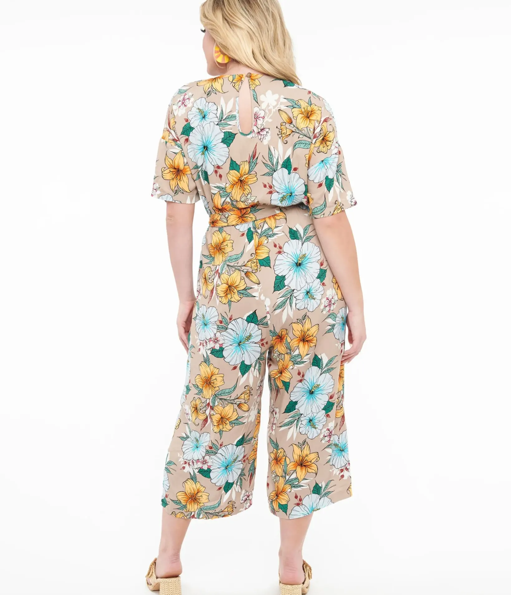 Unique Vintage Rompers & Jumpsuits>Hell Bunny 1970s Tan & Tropical Floral Print Jumpsuit