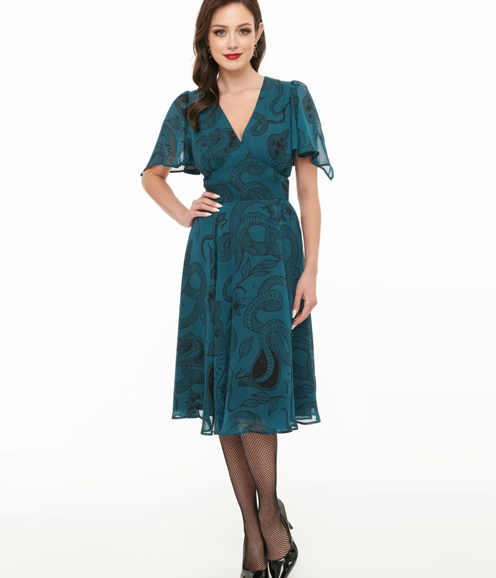 Unique Vintage Midi|Everyday Dresses>Hell Bunny Teal Snake Venom Midi Dress