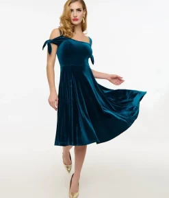 Unique Vintage Midi|Everyday Dresses>Hell Bunny Teal Velvet Off The Shoulder Midi Dress