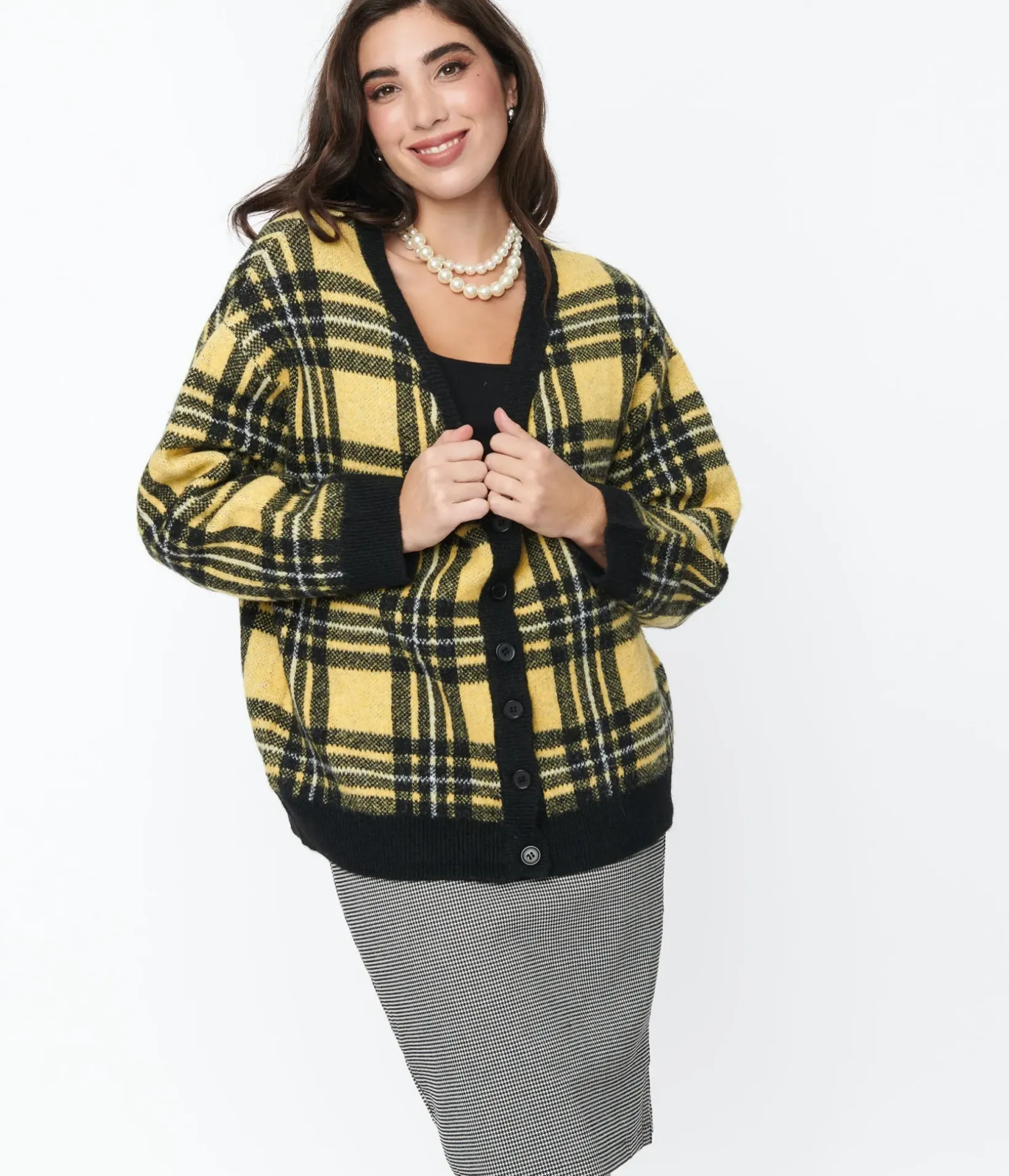 Unique Vintage Sweaters & Cardigans|Sweaters & Cardigans>Hell Bunny Yellow & Black Plaid Cardigan