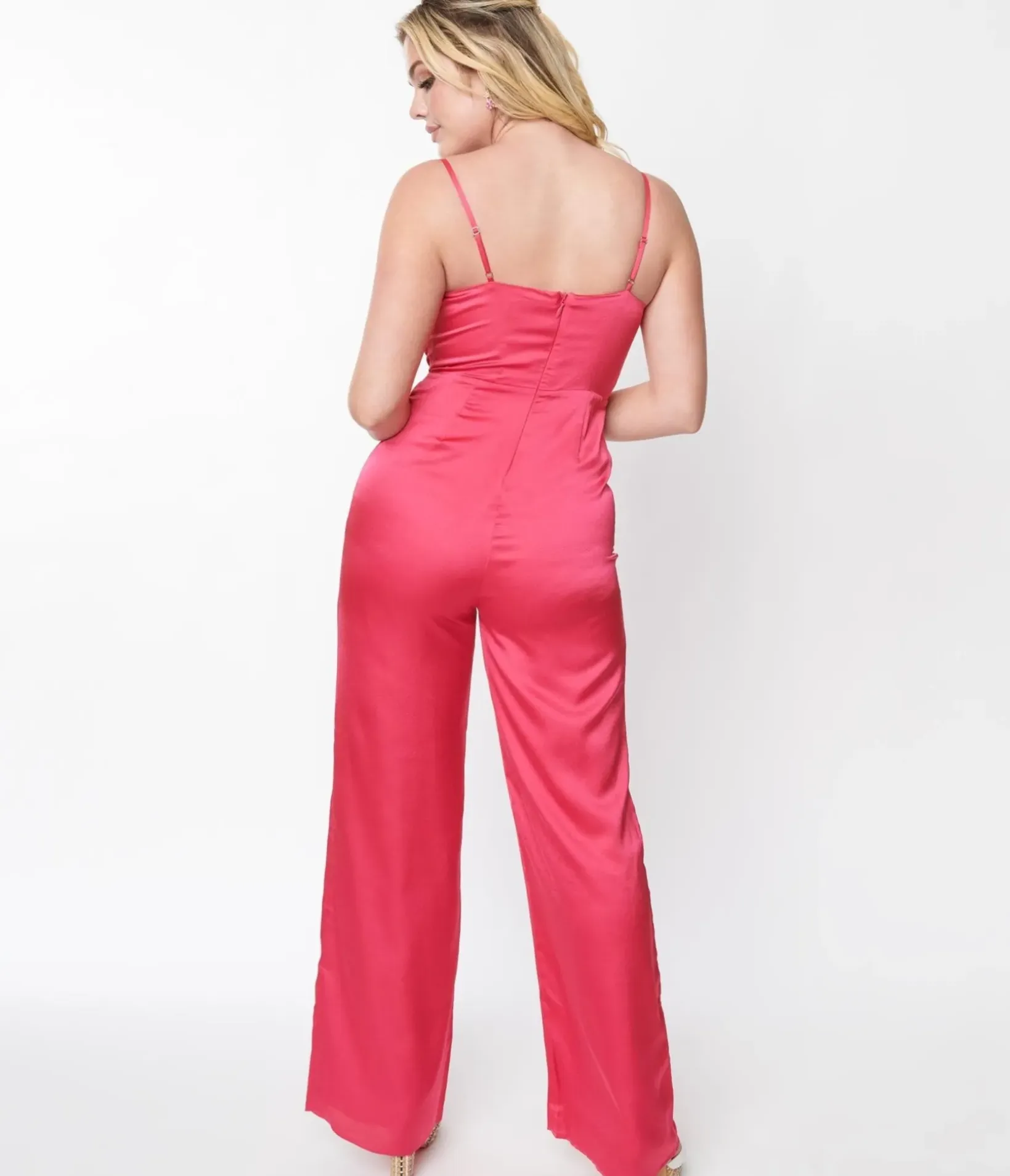 Unique Vintage Rompers & Jumpsuits|Concert & Festivals>Hot Pink Chateau Satin Cowl Neck Jumpsuit