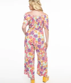 Unique Vintage Rompers & Jumpsuits|All Things Pink>Hot Pink & Purple Floral Flutter Sleeve Jumpsuit