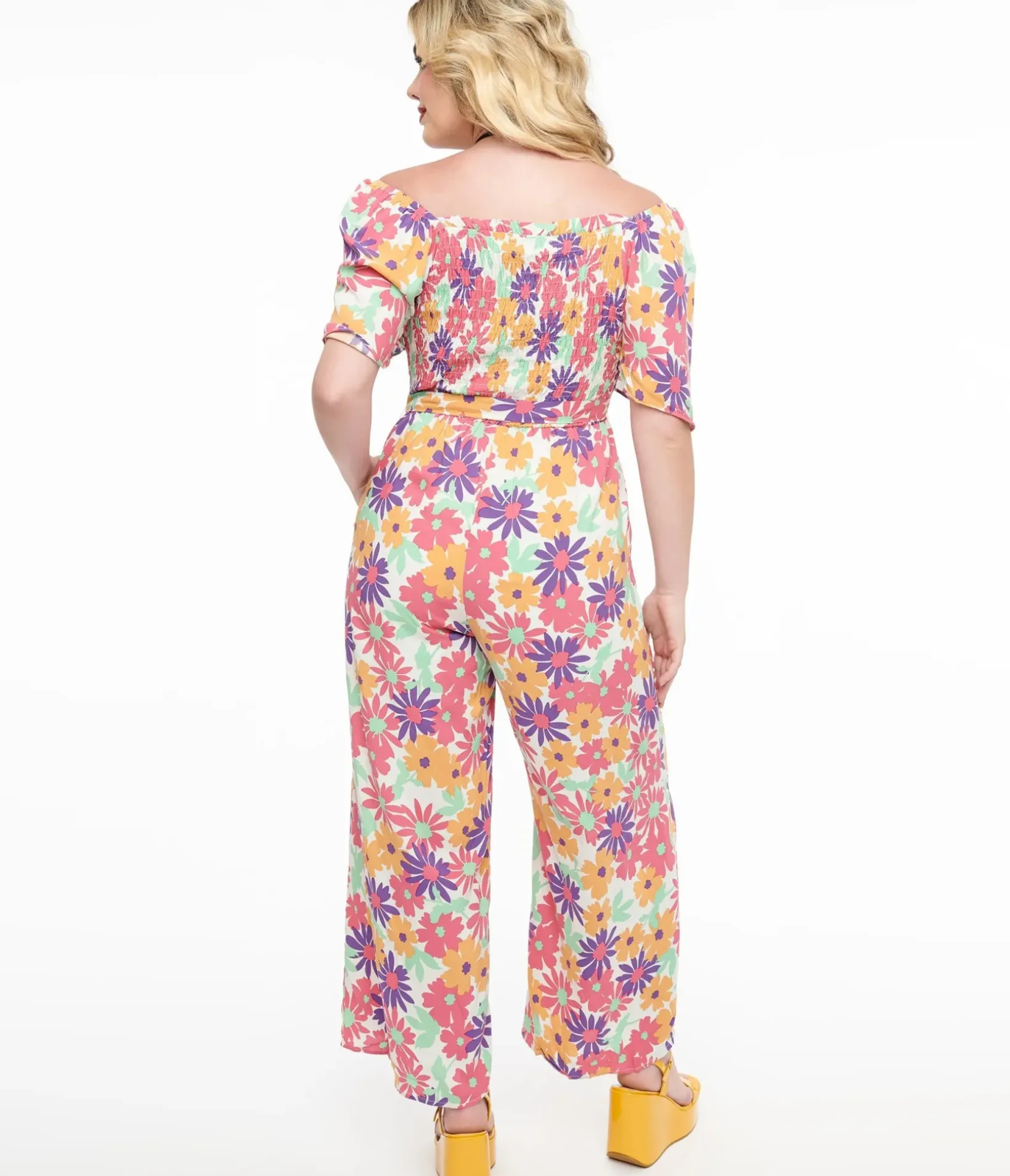 Unique Vintage Rompers & Jumpsuits|All Things Pink>Hot Pink & Purple Floral Flutter Sleeve Jumpsuit