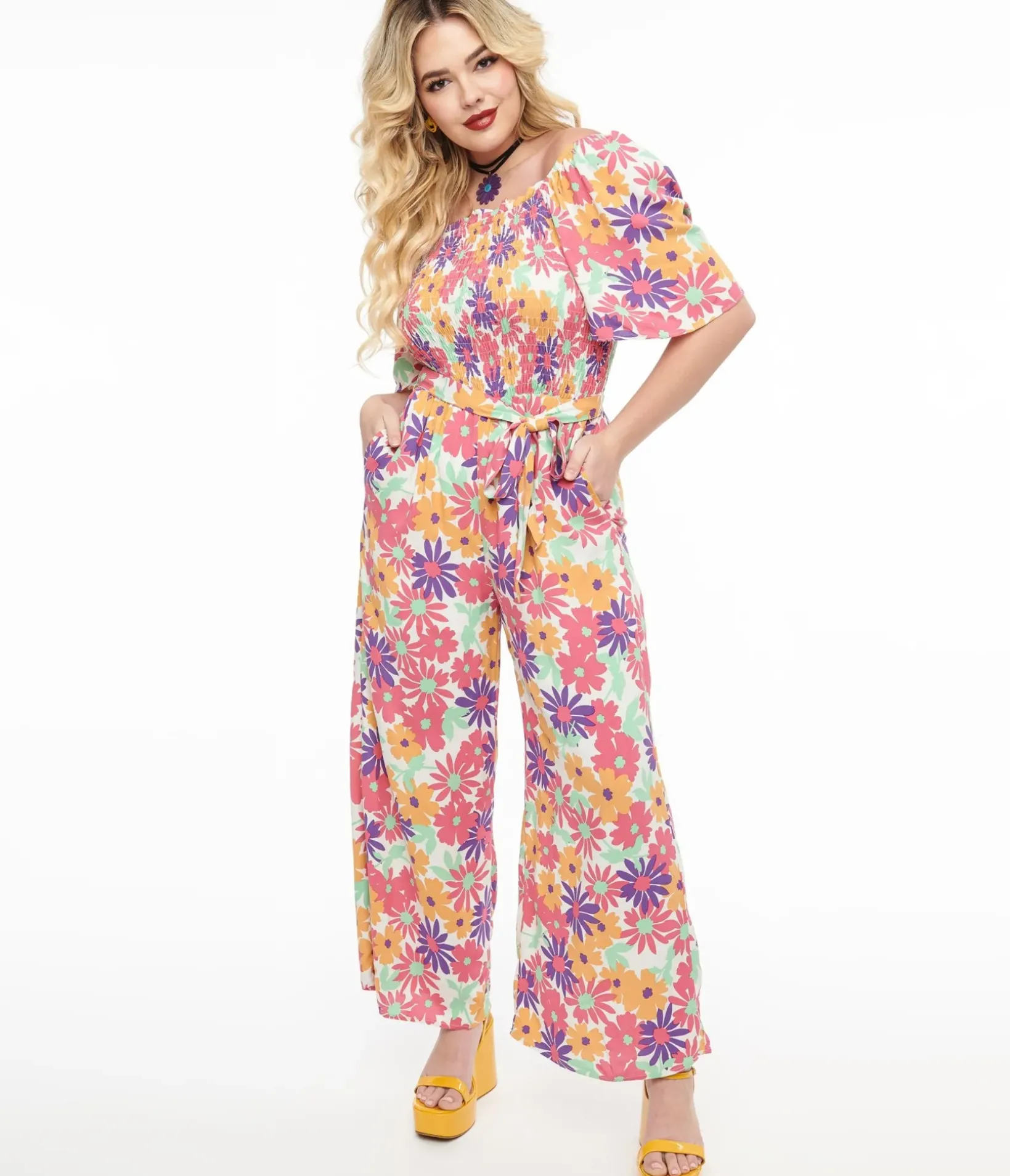 Unique Vintage Rompers & Jumpsuits|All Things Pink>Hot Pink & Purple Floral Flutter Sleeve Jumpsuit