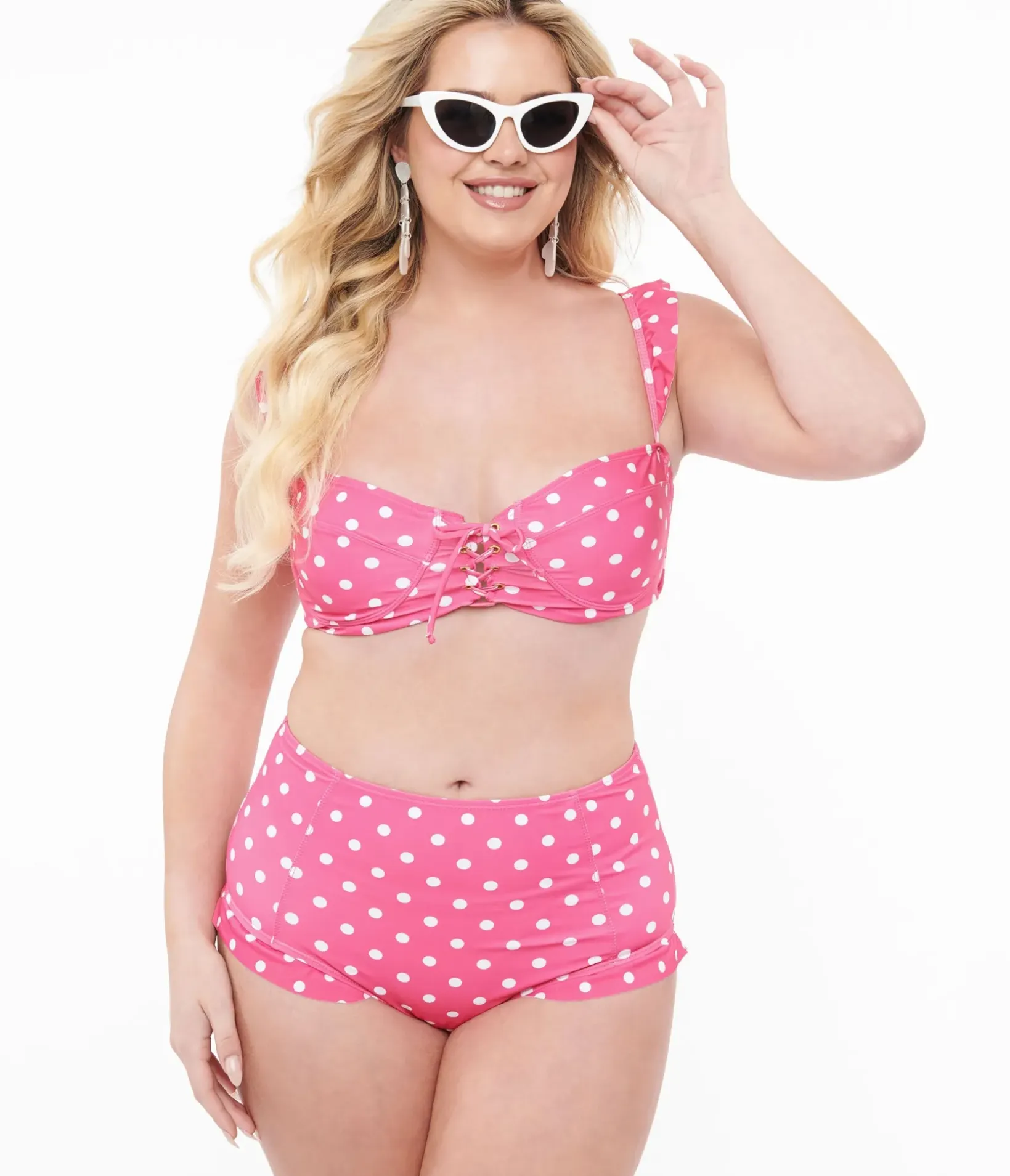 Unique Vintage Two Piece Swim|Two Piece Swim>Hot Pink & White Polka Dot Two Piece Swim Set