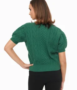 Unique Vintage Sweaters & Cardigans|Work Wear>Hunter Green Cable Knit Short Sleeve Sweater