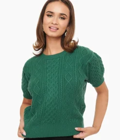 Unique Vintage Sweaters & Cardigans|Work Wear>Hunter Green Cable Knit Short Sleeve Sweater