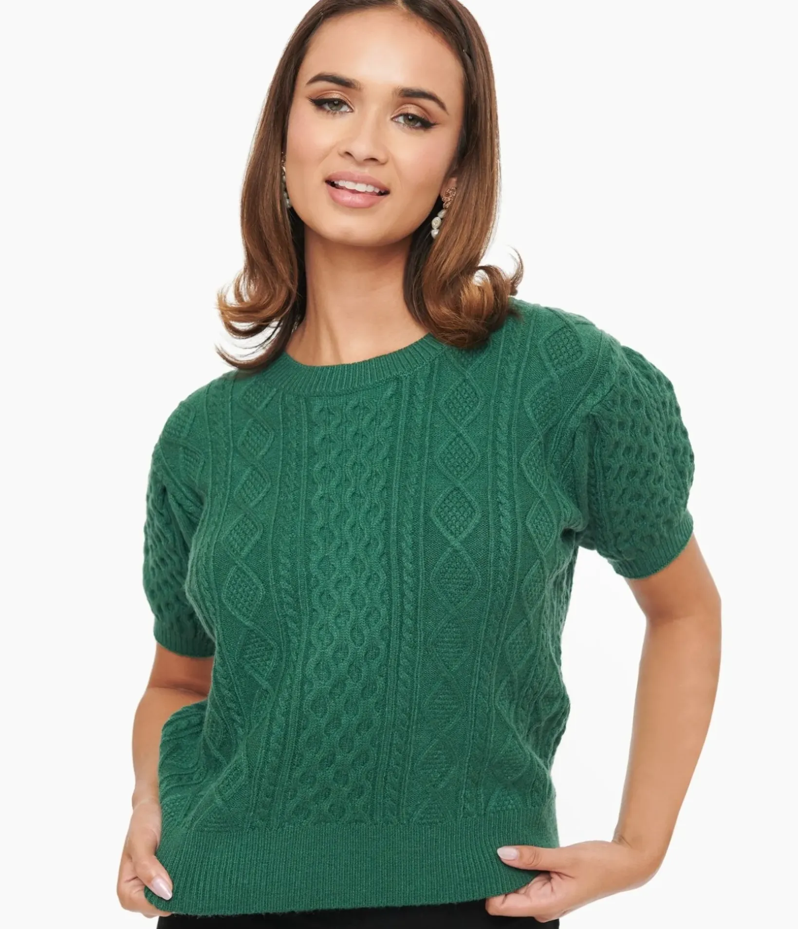 Unique Vintage Sweaters & Cardigans|Work Wear>Hunter Green Cable Knit Short Sleeve Sweater