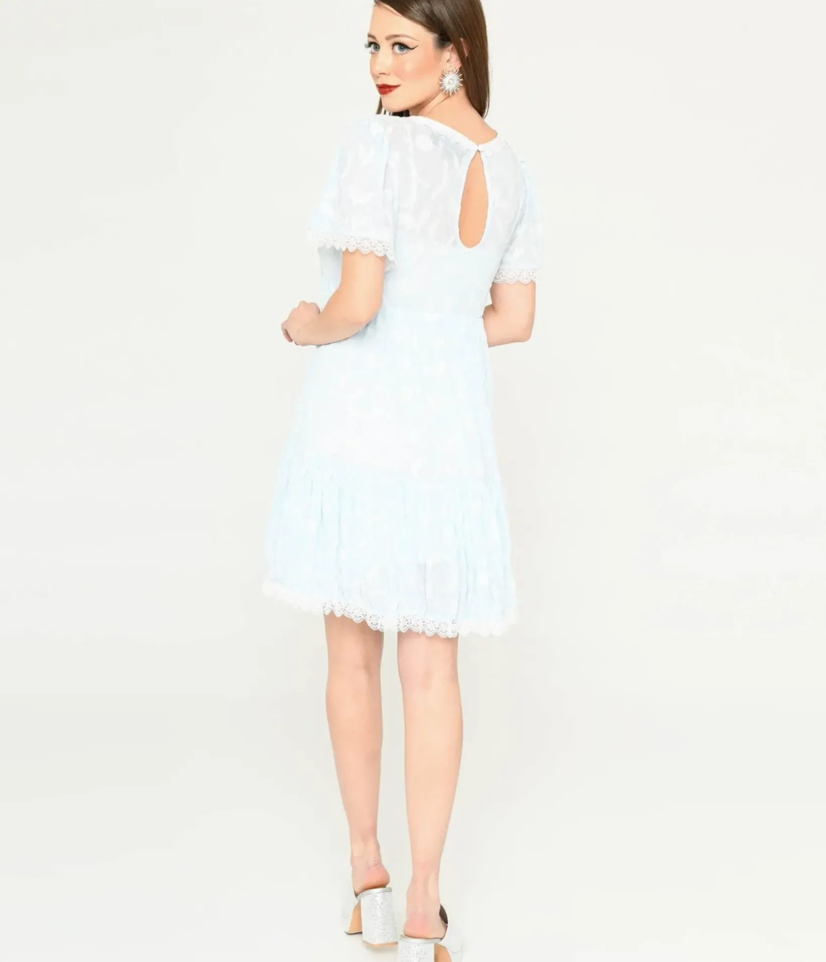 Unique Vintage Babydoll|Babydoll>Ice Blue Bat & Moon Flocked Babydoll Dress