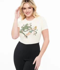 Unique Vintage Graphic Tees|Graphic Tees>Ivory Girl & Octopus Fitted Graphic Tee