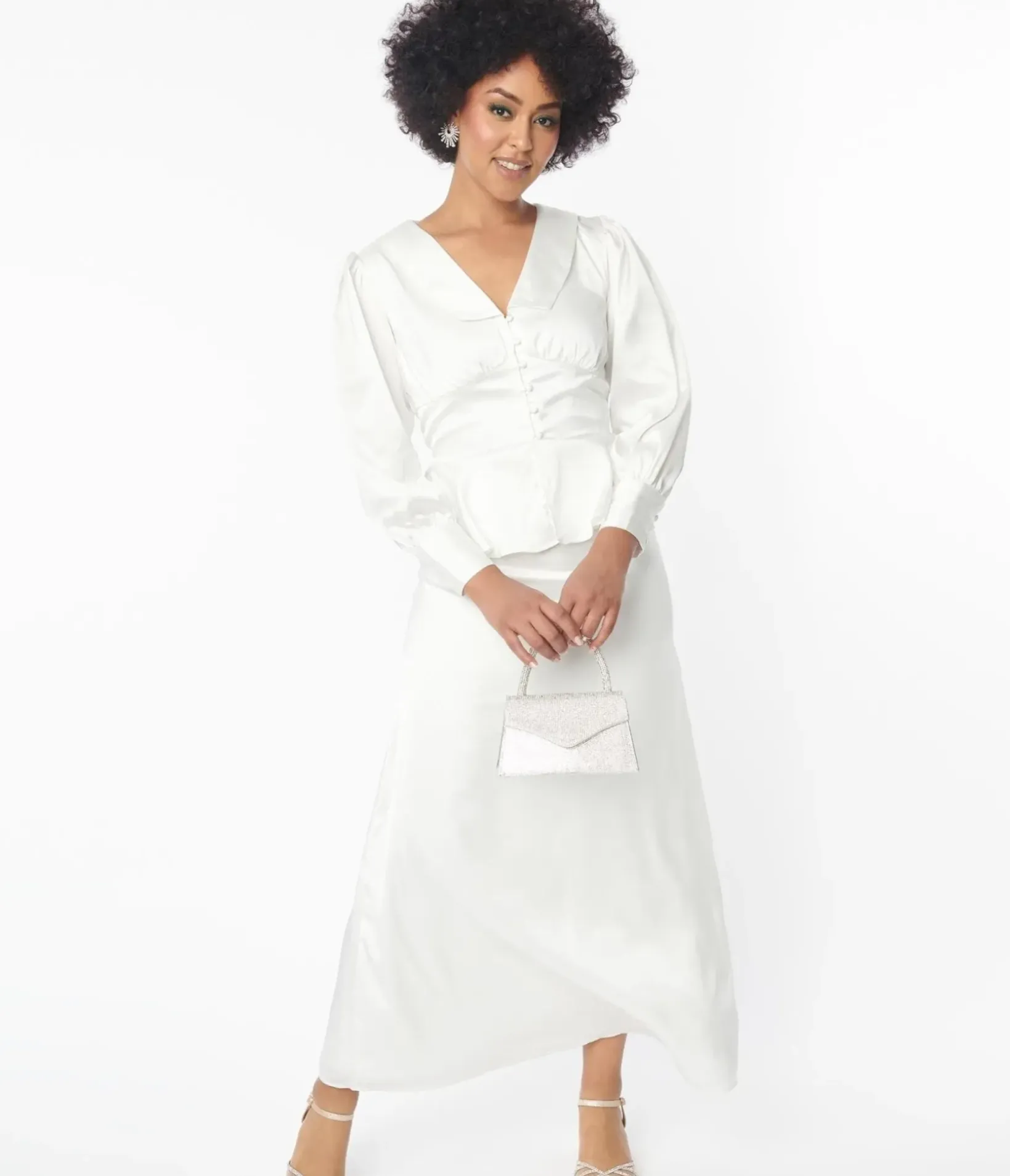 Unique Vintage Everyday Dresses>Ivory Long Sleeve Blouse & Midi Skirt Bridal Set