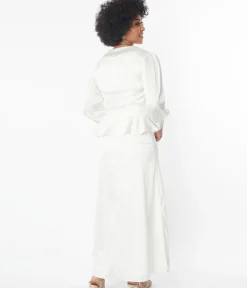 Unique Vintage Everyday Dresses>Ivory Long Sleeve Blouse & Midi Skirt Bridal Set