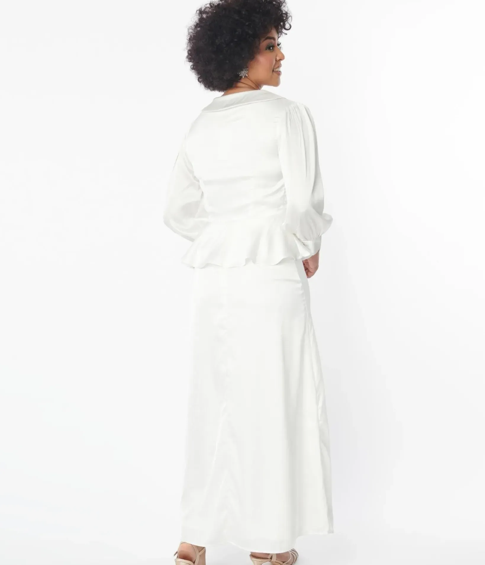 Unique Vintage Everyday Dresses>Ivory Long Sleeve Blouse & Midi Skirt Bridal Set