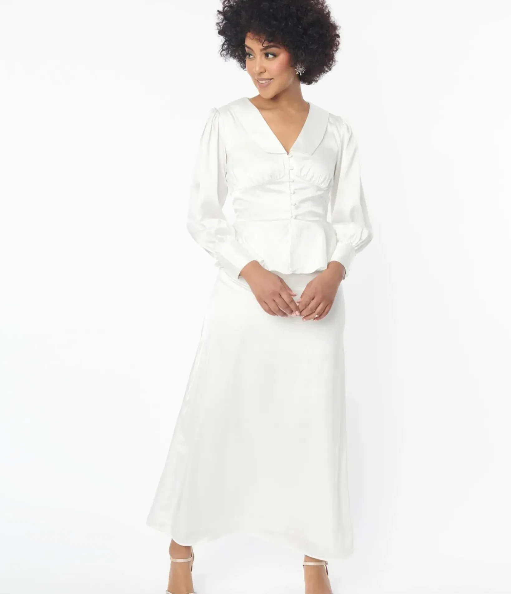 Unique Vintage Everyday Dresses>Ivory Long Sleeve Blouse & Midi Skirt Bridal Set