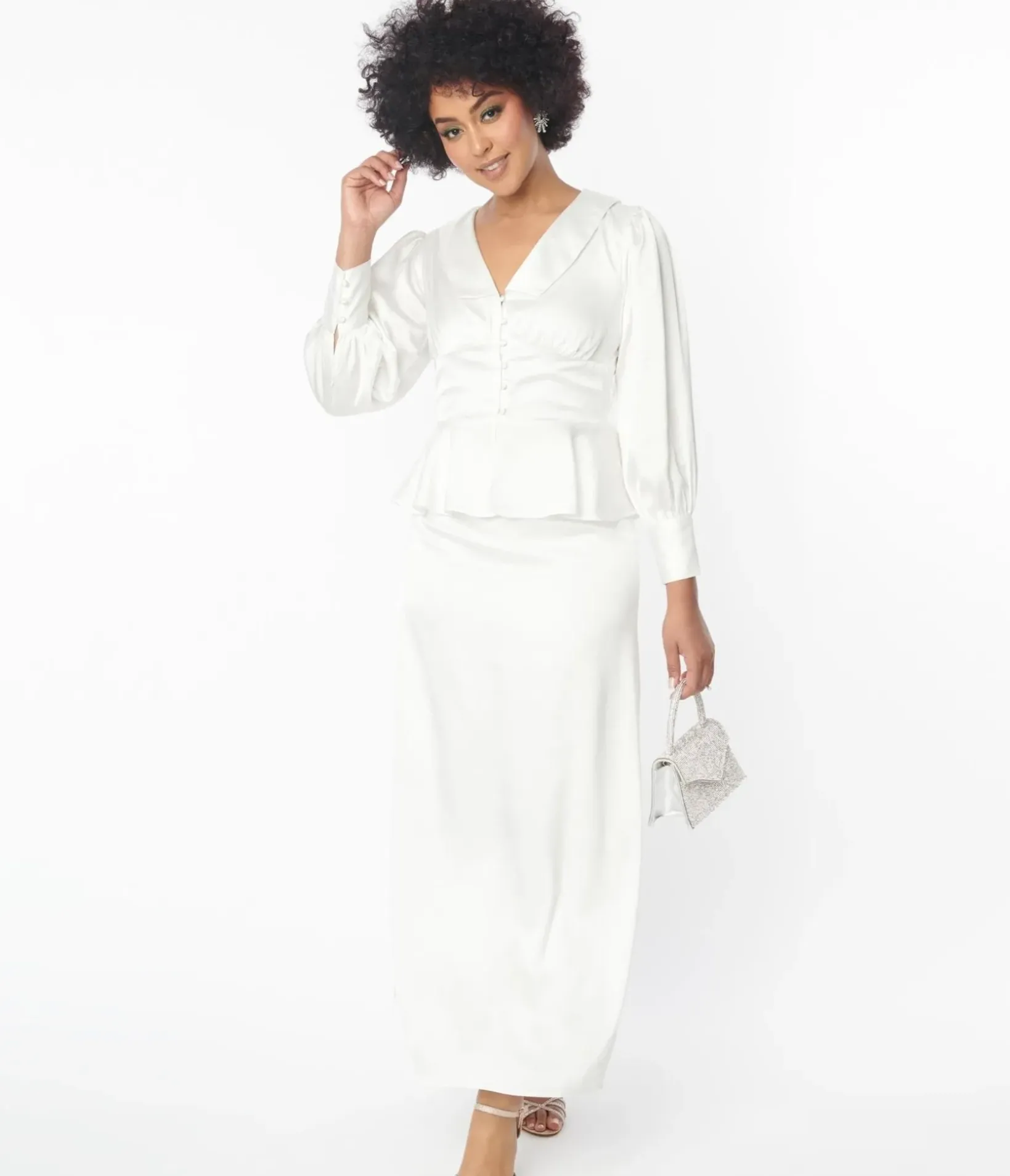 Unique Vintage Everyday Dresses>Ivory Long Sleeve Blouse & Midi Skirt Bridal Set