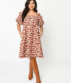 Unique Vintage Fit & Flare|Pocket Dresses>Ivory & Red Floral Kiss Jacquard Fit & Flare Dress
