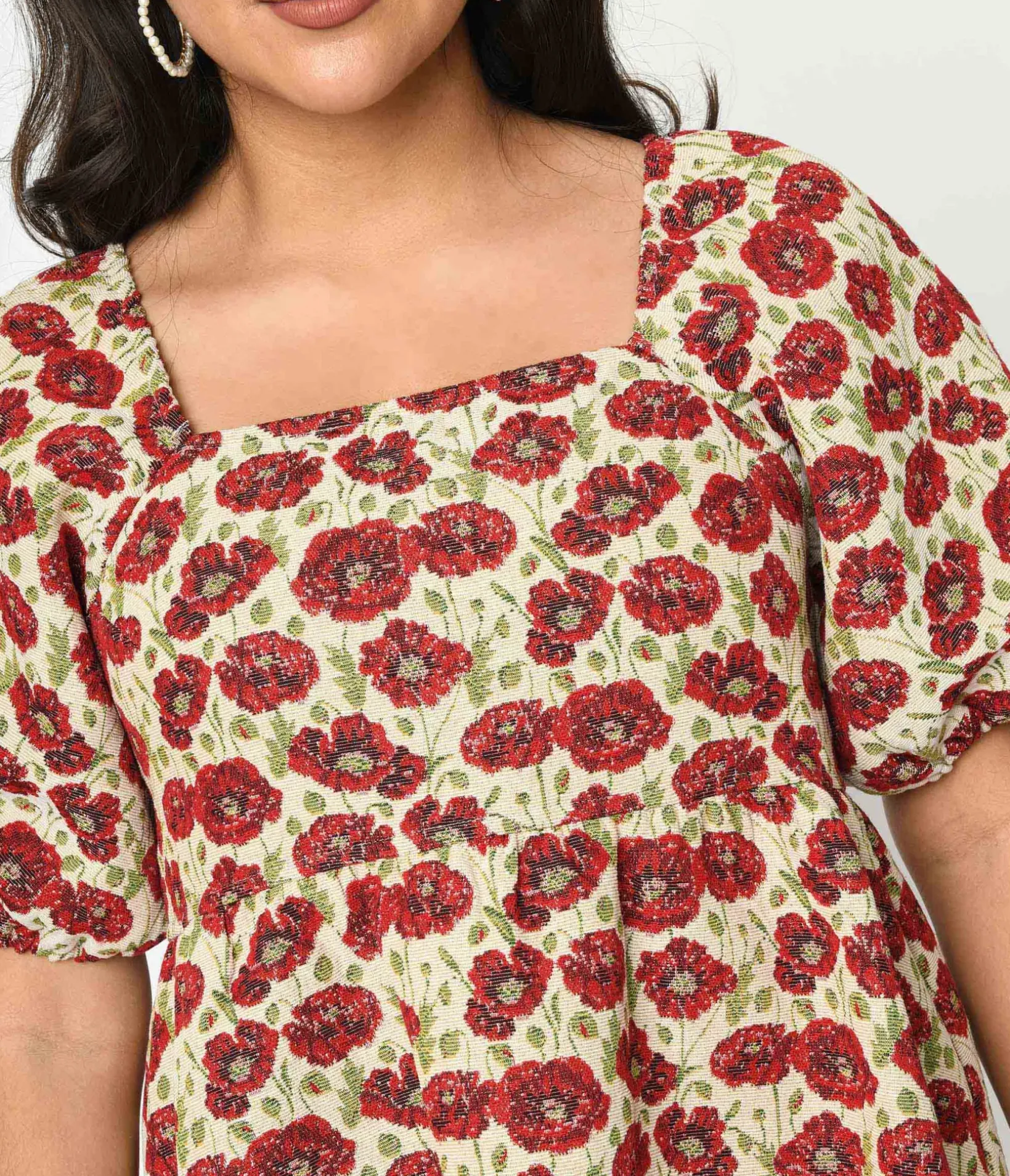 Unique Vintage Fit & Flare|Pocket Dresses>Ivory & Red Floral Kiss Jacquard Fit & Flare Dress