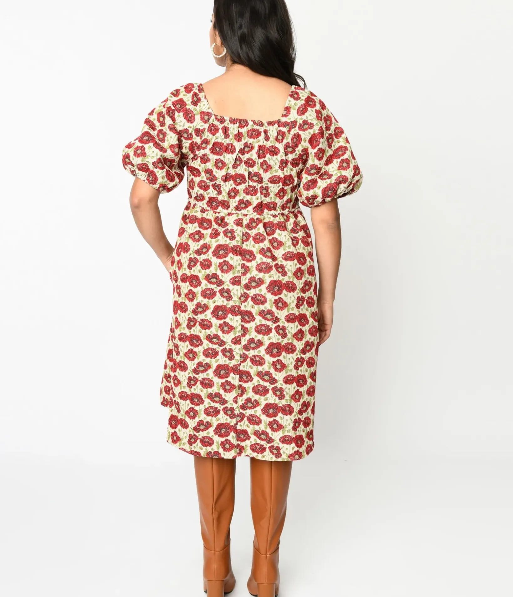 Unique Vintage Fit & Flare|Pocket Dresses>Ivory & Red Floral Kiss Jacquard Fit & Flare Dress