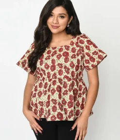 Unique Vintage Blouses|All Things Red>Ivory & Red Floral Kiss Jacquard Peplum Top