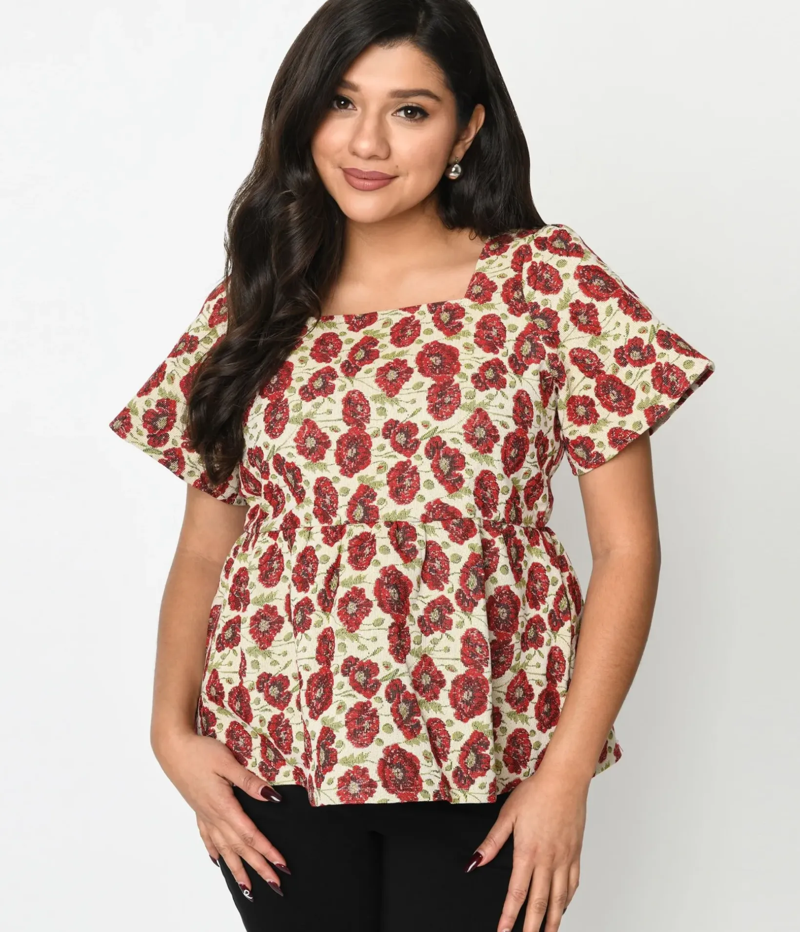 Unique Vintage Blouses|All Things Red>Ivory & Red Floral Kiss Jacquard Peplum Top