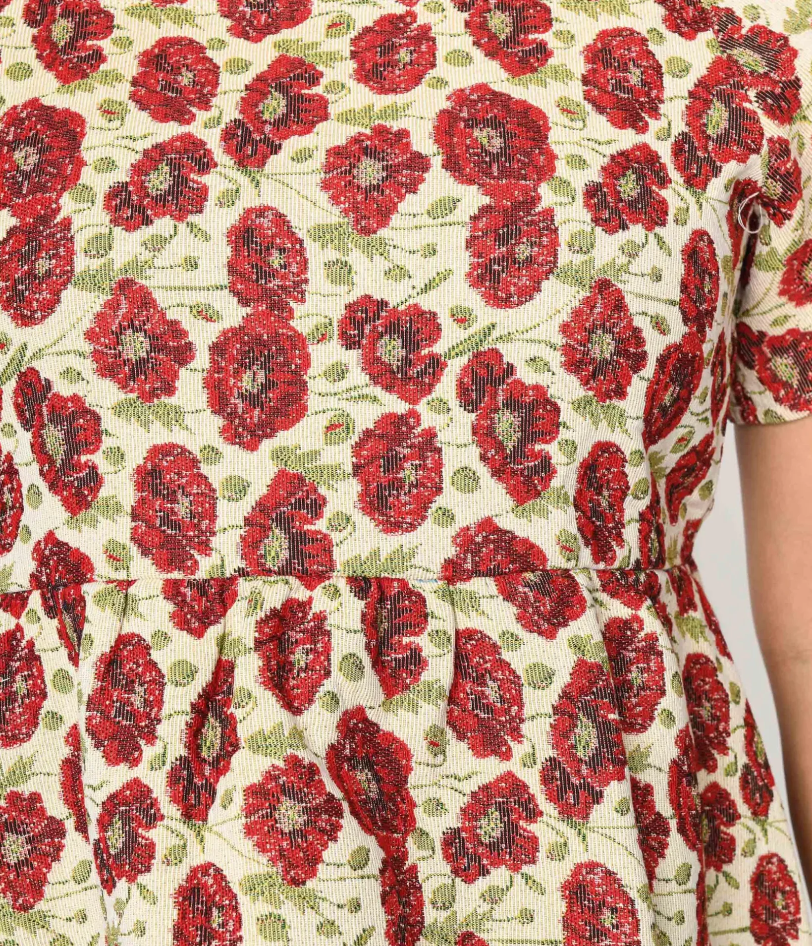 Unique Vintage Blouses|All Things Red>Ivory & Red Floral Kiss Jacquard Peplum Top