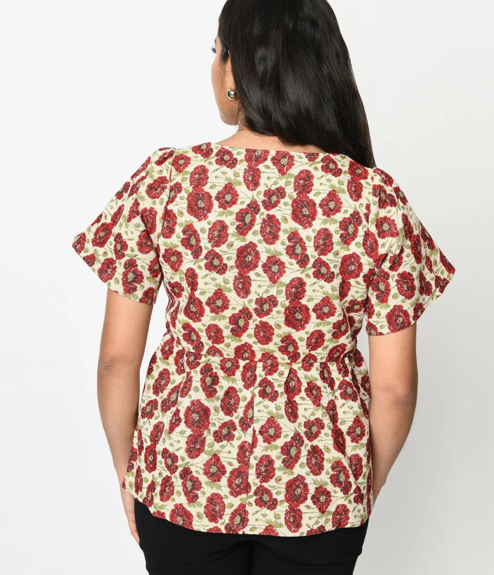 Unique Vintage Blouses|All Things Red>Ivory & Red Floral Kiss Jacquard Peplum Top