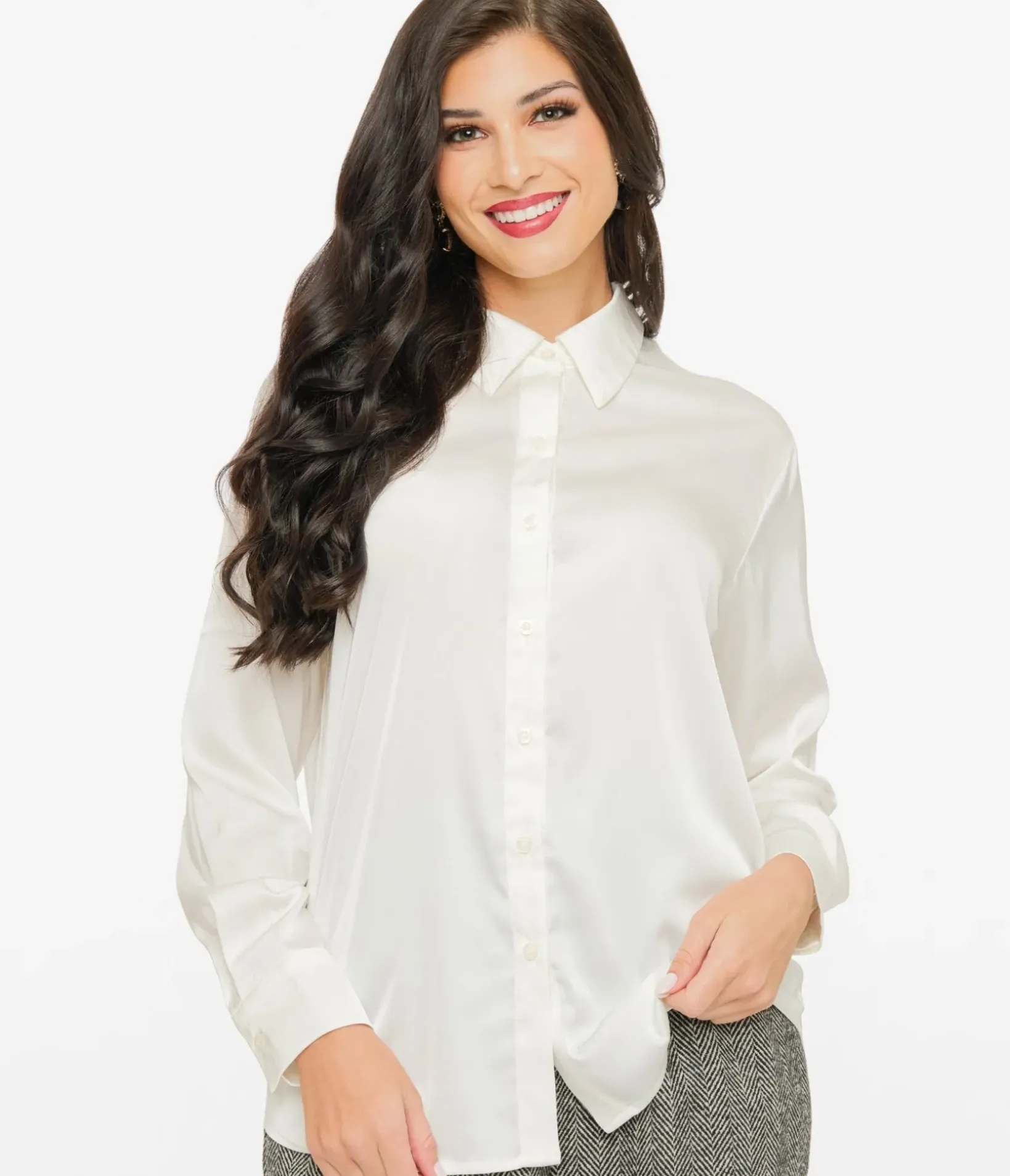 Unique Vintage Blouses|Work Wear>Ivory Satin Charmeuse Button Front Blouse