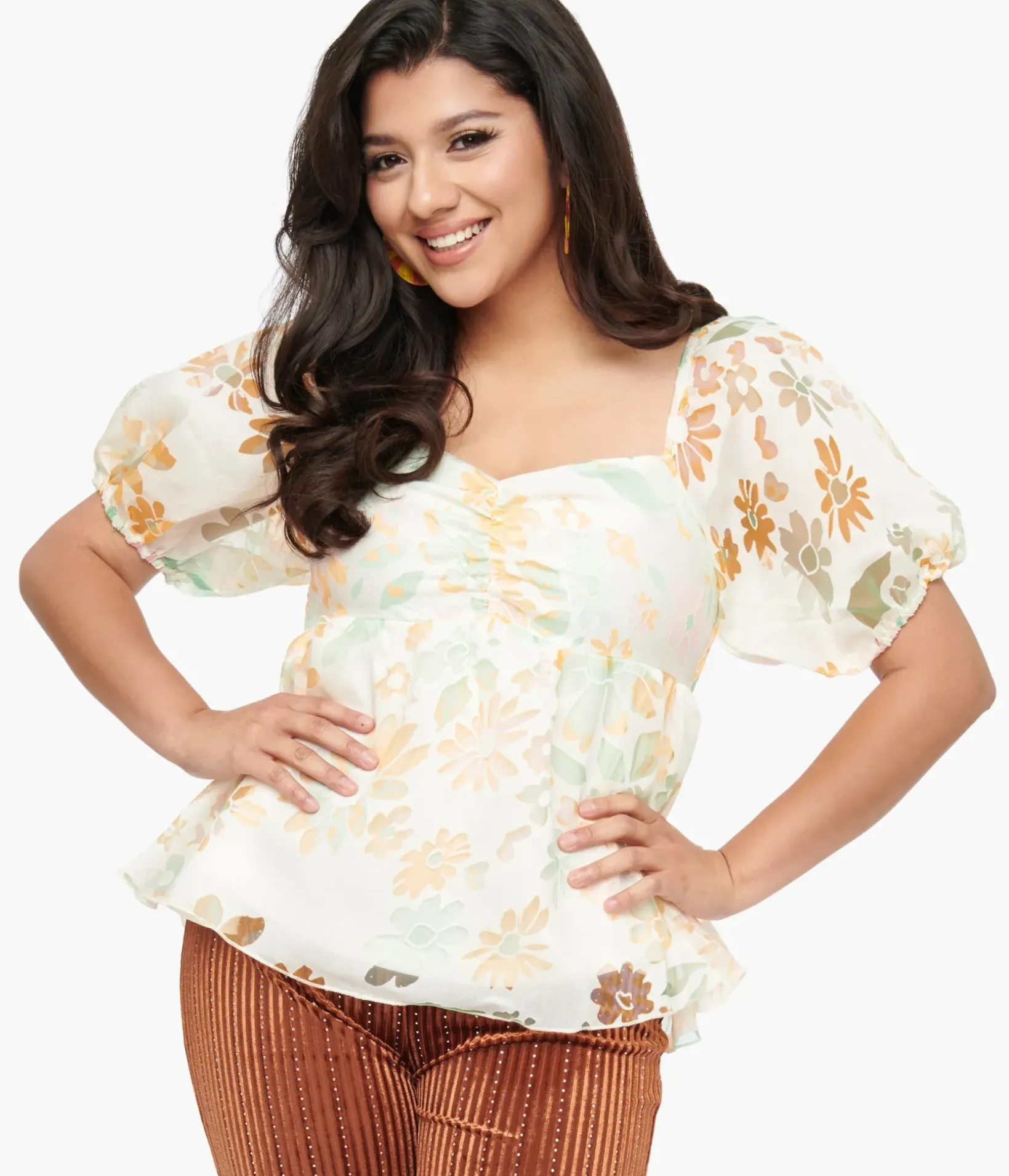 Unique Vintage Blouses>Ivory & Tangerine Floral Babydoll Blouse