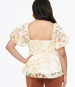Unique Vintage Blouses>Ivory & Tangerine Floral Babydoll Blouse
