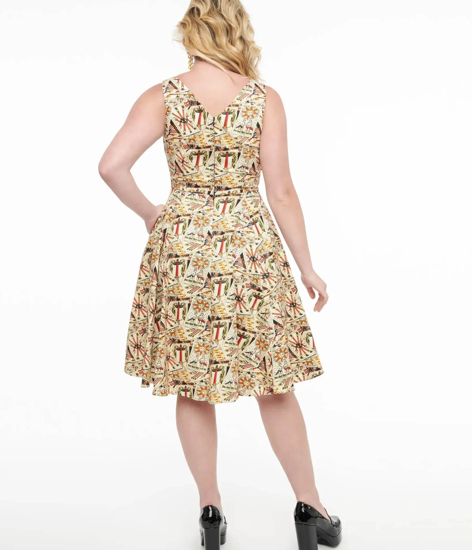 Unique Vintage Swing|Pocket Dresses>Ivory & Tarot Card Print Cotton Swing Dress