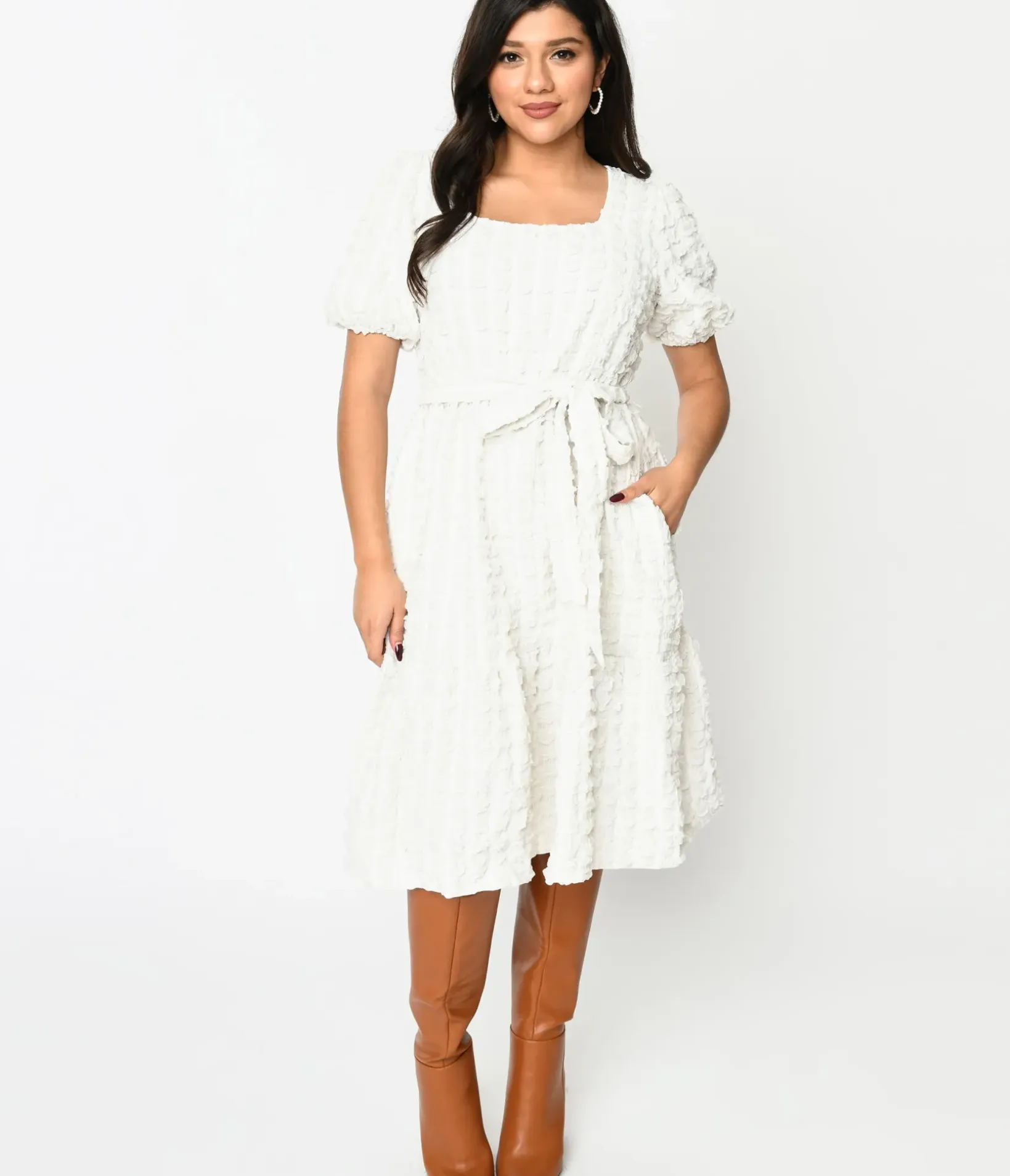 Unique Vintage Fit & Flare|Pocket Dresses>Ivory Textured Smock Fit & Flare Dress
