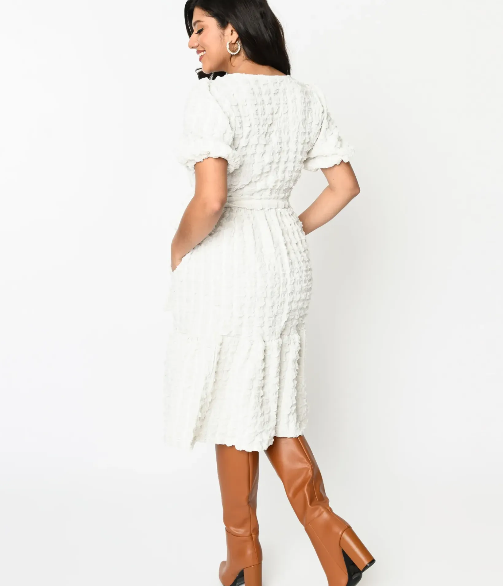 Unique Vintage Fit & Flare|Pocket Dresses>Ivory Textured Smock Fit & Flare Dress
