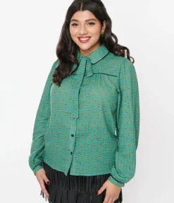 Unique Vintage Blouses|Work Wear>Jade Blue Floral Paisley Blouse