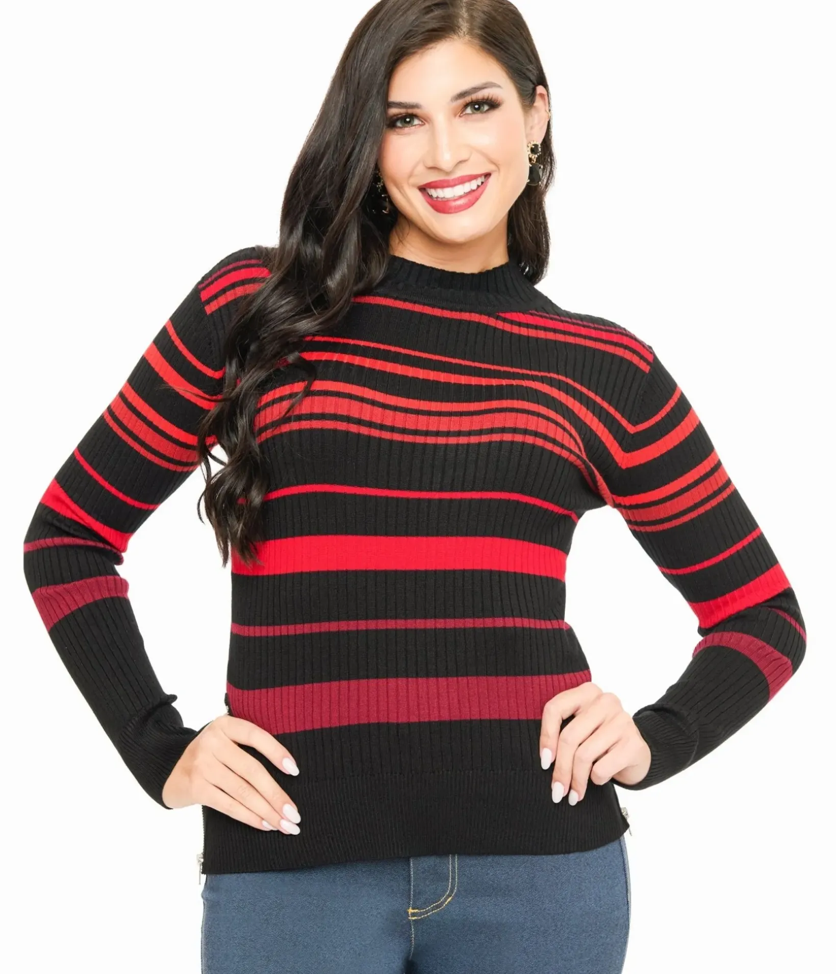 Unique Vintage Sweaters & Cardigans|All Things Red>Jawbreaker Red & Black Stripe High Neck Sweater