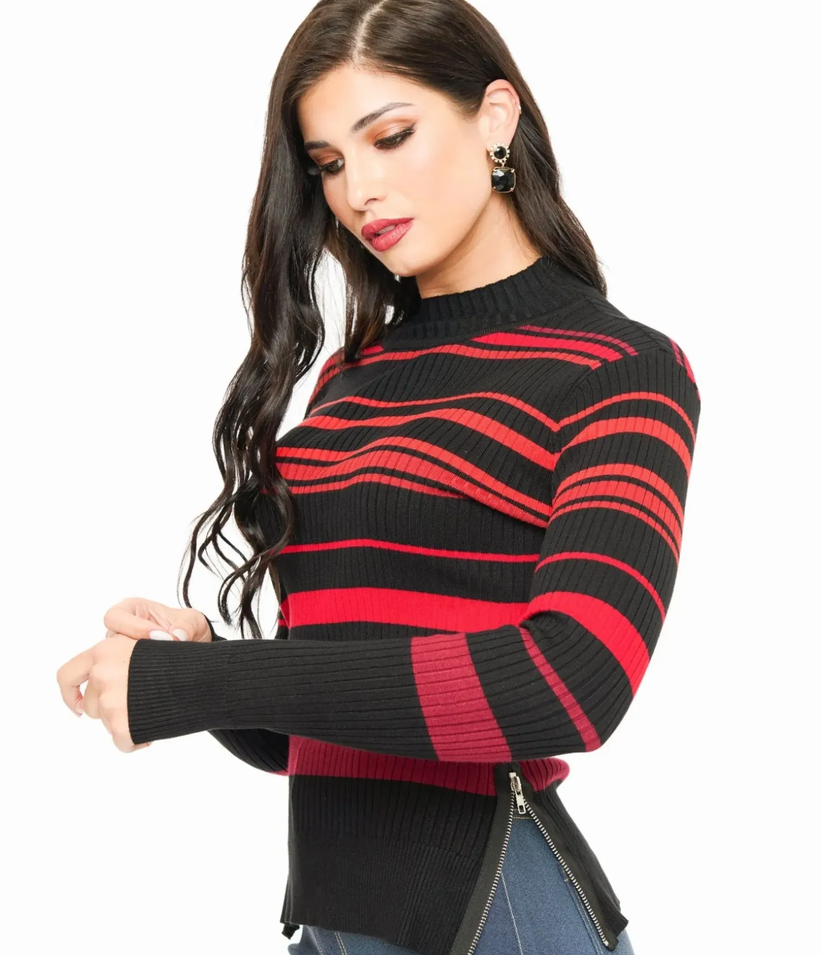 Unique Vintage Sweaters & Cardigans|All Things Red>Jawbreaker Red & Black Stripe High Neck Sweater