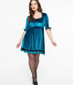 Unique Vintage Fit & Flare|Everyday Dresses>Jawbreaker Teal & Black Teardrop Velvet Mini Dress