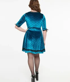 Unique Vintage Fit & Flare|Everyday Dresses>Jawbreaker Teal & Black Teardrop Velvet Mini Dress