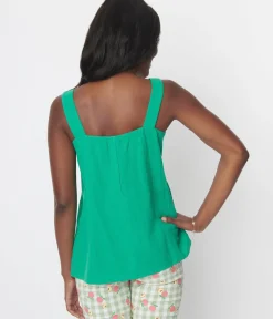 Unique Vintage Blouses>Kelly Green Faux Button Sleeveless Top