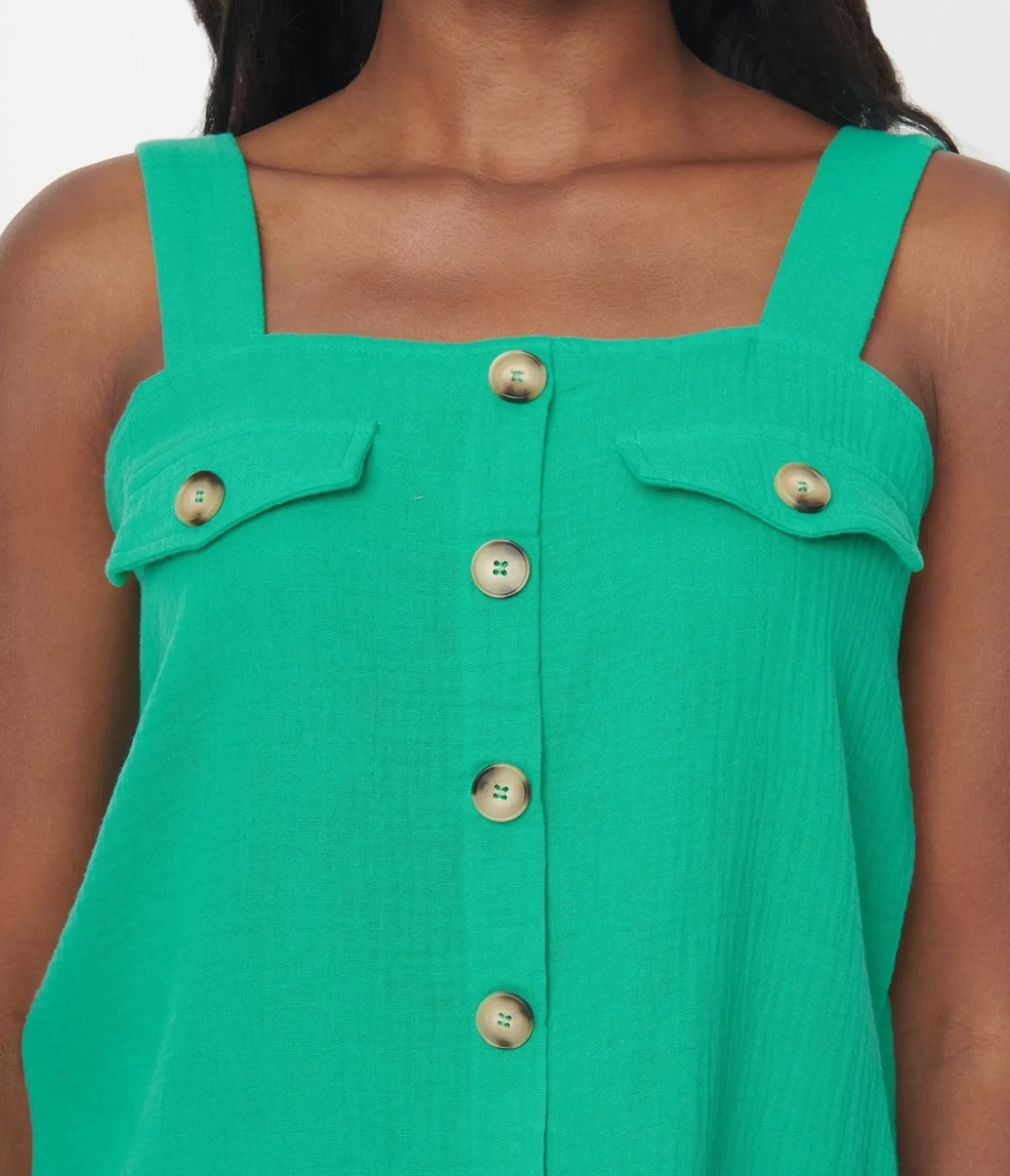 Unique Vintage Blouses>Kelly Green Faux Button Sleeveless Top