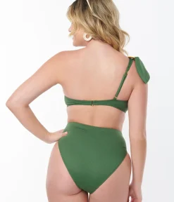 Unique Vintage Swim Tops|Two Piece Swim>Kingdom & State Green Texture One Shoulder Swim Top