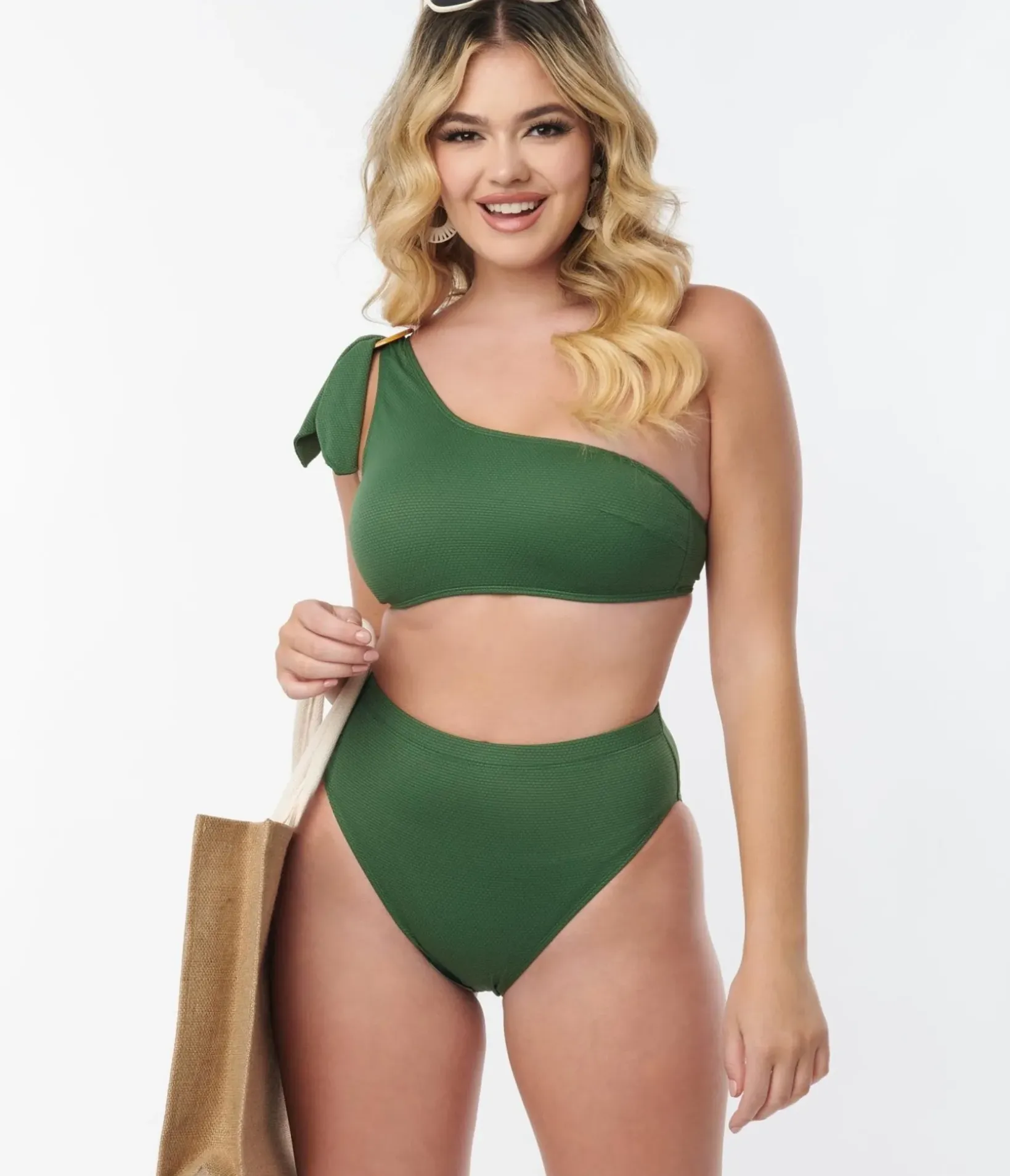 Unique Vintage Swim Tops|Two Piece Swim>Kingdom & State Green Texture One Shoulder Swim Top