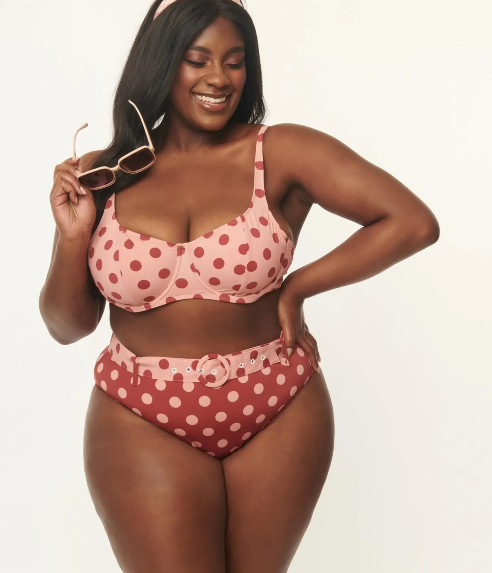 Unique Vintage Two Piece Swim|Two Piece Swim>Kingdom & State Plus Size Dusty Pink & Burgundy Polka Dot Swim Top