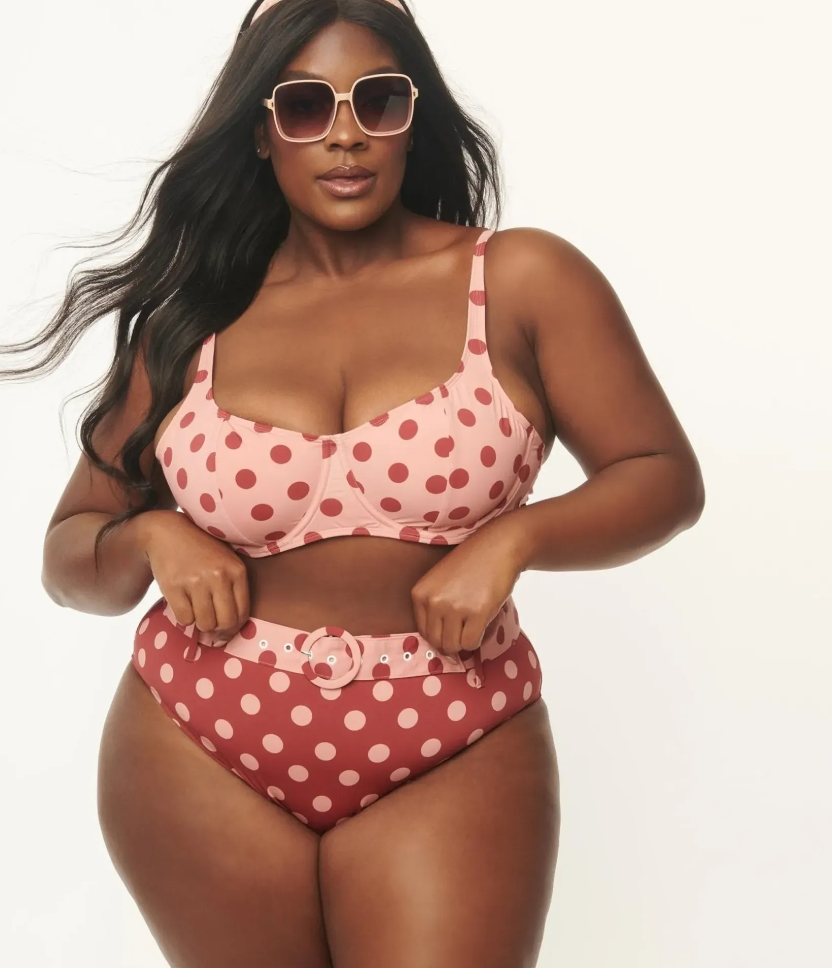 Unique Vintage Two Piece Swim|Two Piece Swim>Kingdom & State Plus Size Dusty Pink & Burgundy Polka Dot Swim Top