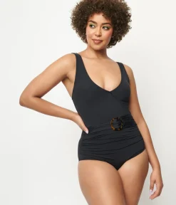 Unique Vintage One Piece Swim|All Things Black>Kingdom & State 1950s Black Belted One Piece Swimsuit