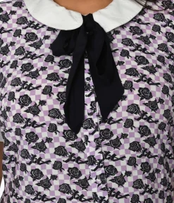 Unique Vintage Everyday Dresses>Lavender & White Checkered Rose Shift Dress