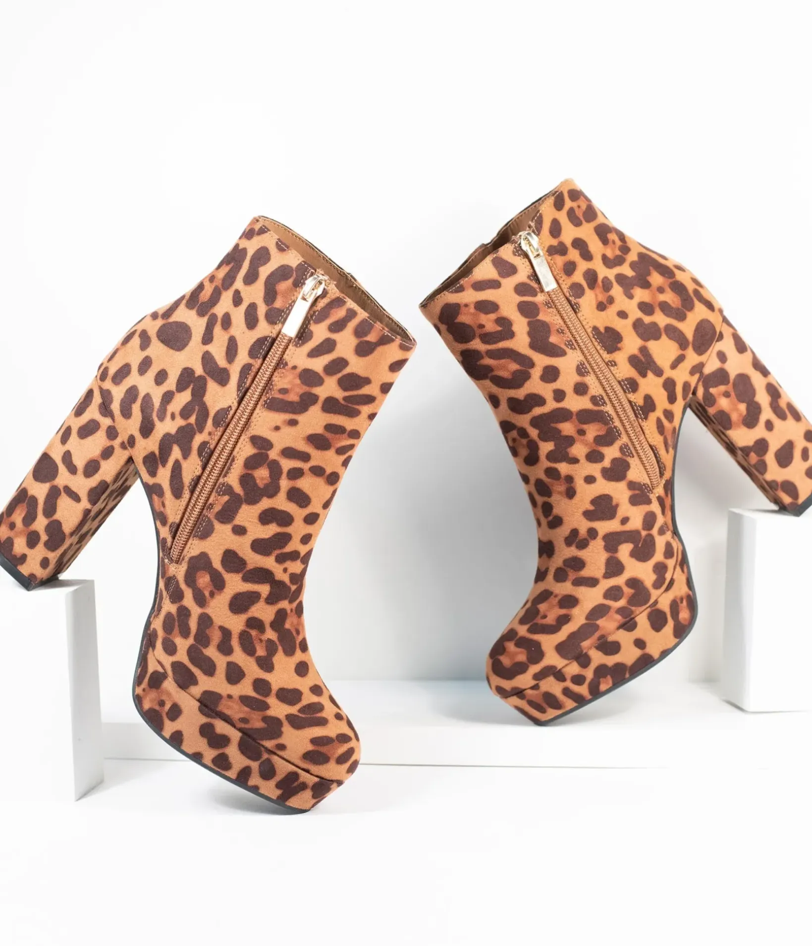 Unique Vintage Boots|Heels>Leopard Print Suede Platform Heel Booties