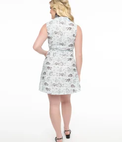 Unique Vintage Fit & Flare|Pocket Dresses>Light Blue Cat Print Fit & Flare Dress